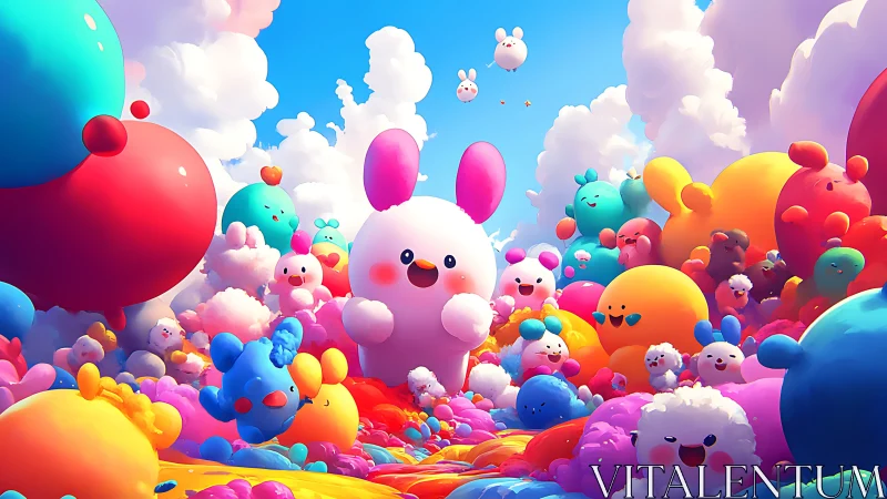 Bubble-bright bunny parade in a sky of candy clouds.