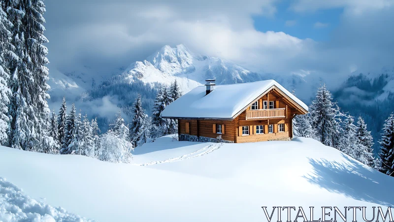 Wooden mountain cabin in deep snow with conifer forest.