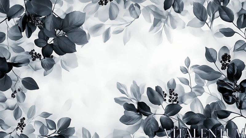 Monochrome foliage branches frame a light central background