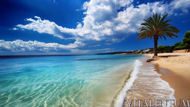 Tropical shoreline with palm tree under partly cloudy sky.