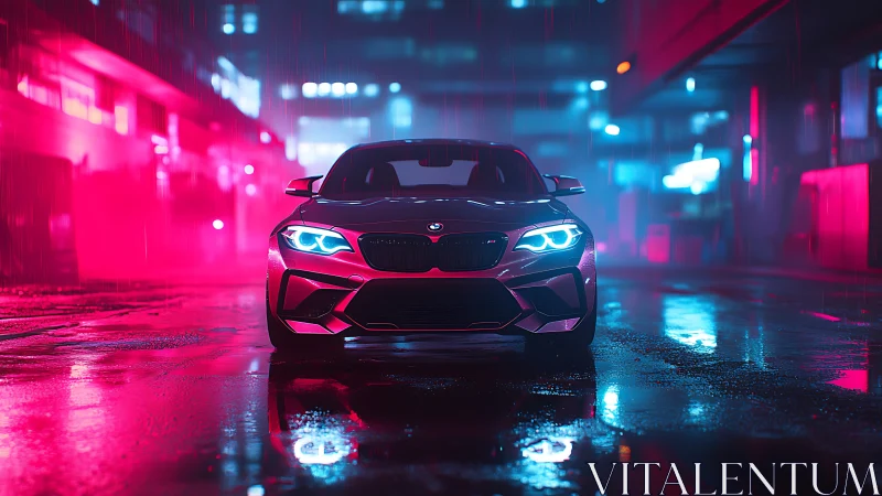 Neon rainstorm crowns a sleek sports car in electric twilight.
