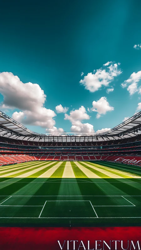 Sunlit football stadium waiting for the next big match.