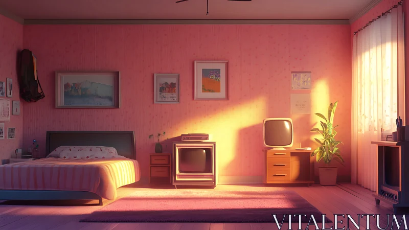 Retro bedroom interior with warm cinematic sunset lighting.