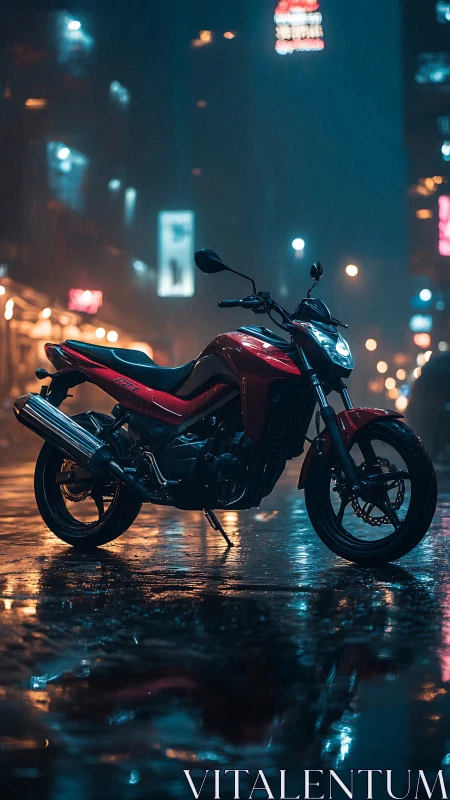 Red street motorcycle in wet nocturnal urban roadway scene.