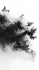 Monochrome forest ridge dissolves into drifting fog veil.