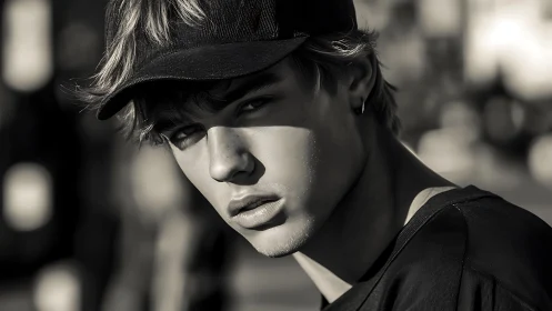 Gentle streetlight portrait of a thoughtful young man.