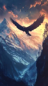 Eagle soars above snowy mountain valley at vivid sunset