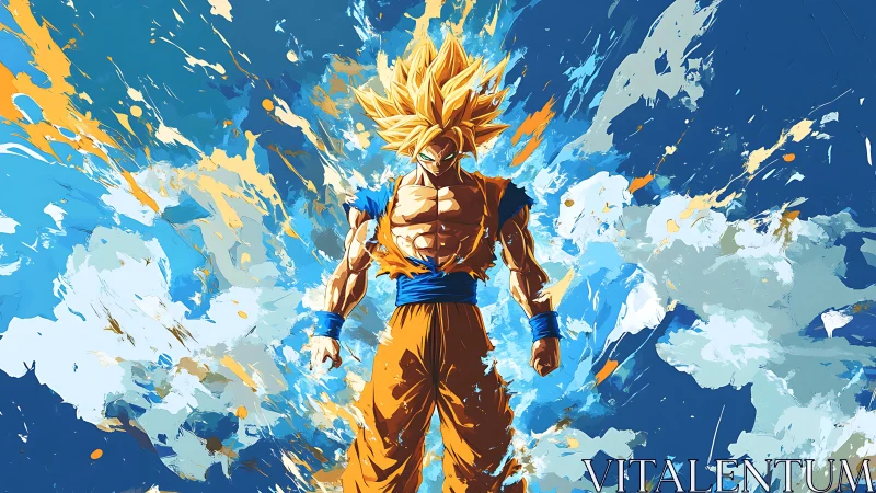 Dynamic anime warrior amid explosive abstract energy field.