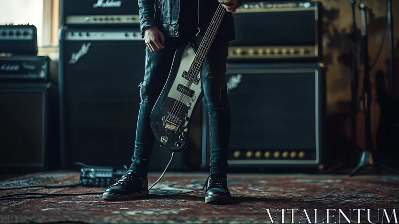 Electric bassist framed by stacked tube amplifiers in studio.