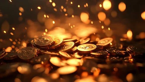 Photorealistic macro spread of glowing digital gold coins.