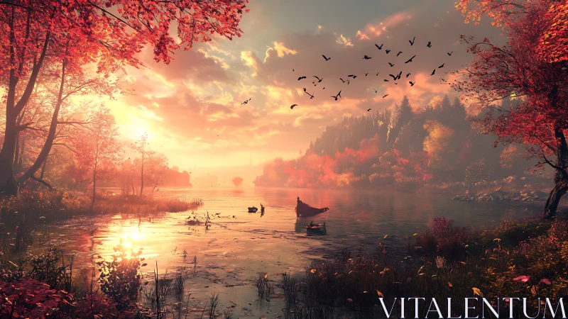 Rowboat moves across lake under intense autumn sunset