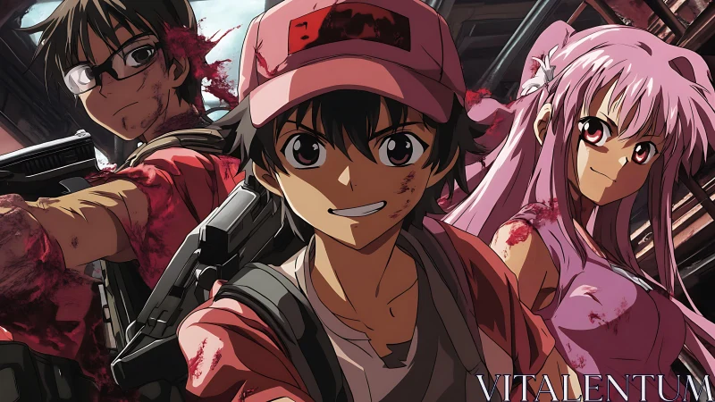 Bloodstained anime trio in tense close-quarters combat frame.