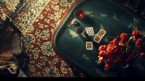 Playing cards, drinks, and flowers on patterned table.