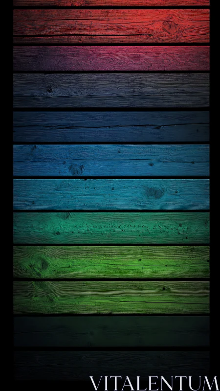 Gradient stained wooden planks create a bold abstract backdrop