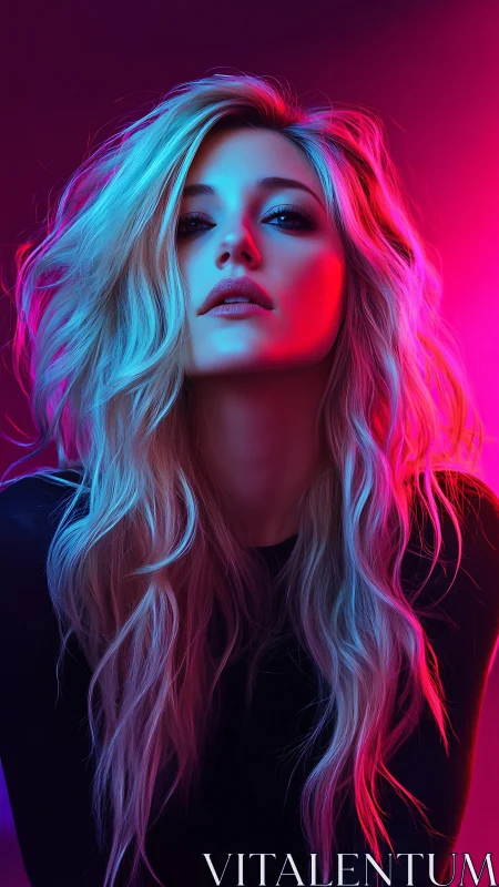 Neon lit portrait of blonde woman with vivid rim lighting.