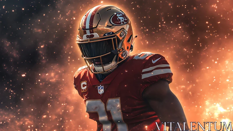 Gridiron warrior amid incandescent particle field rendering.