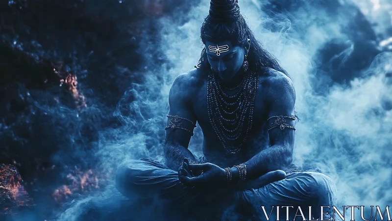 Mythic blue figure in seated pose within dense swirling mist.