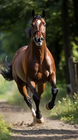 Sunlit bay stallion thundering down a forest lane.