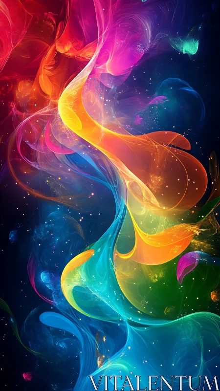 Vibrant swirling rainbow light trails on dark space backdrop