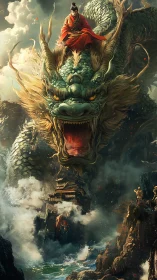 Rider on serpentine dragon dominates storm-lashed coastal fortress