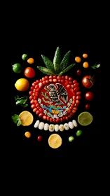 Mexican emblem rendered in high-contrast culinary still life