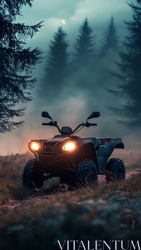 Fog-lit ATV prowls a twilight forest trail with grit.
