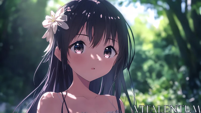 Soft-eyed anime girl basks in dappled forest sunlight.