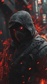 Hooded masked figure with red glowing eyes and embers in alley.