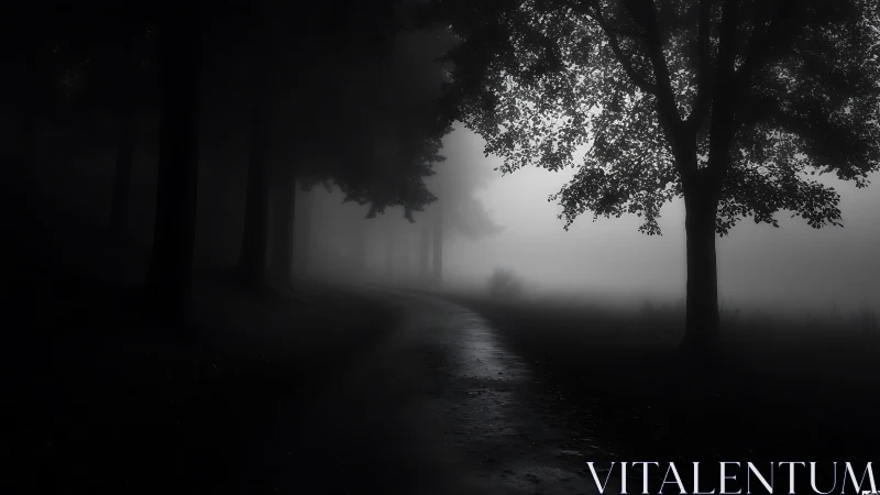 Low key monochrome forest path in dense morning fog