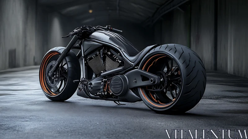 Sleek black custom motorcycle in dim tunnel setting.