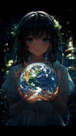 Anime girl cradles illuminated globe with high contrast rim lighting