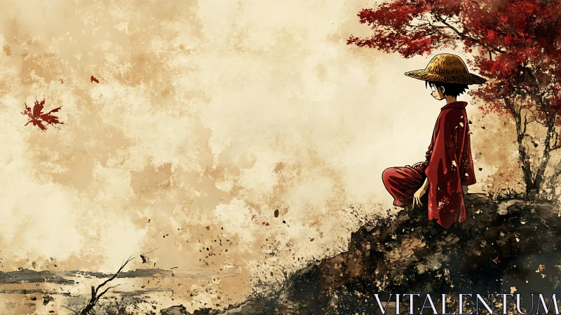 Boy in red robe sits on rocky cliff under red tree alone