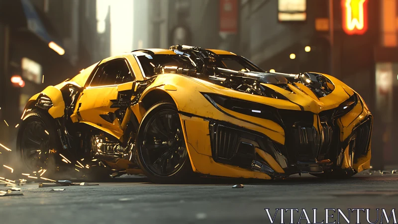 Heavily damaged yellow supercar in gritty city street.