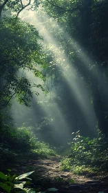 Sunlit Forest Path Through Misty Woodland Canopy.
