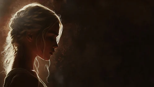 Side-lit female profile is rendered against a dark backdrop