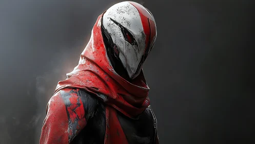 Red-hooded cyber sentinel studies the shadows in silence