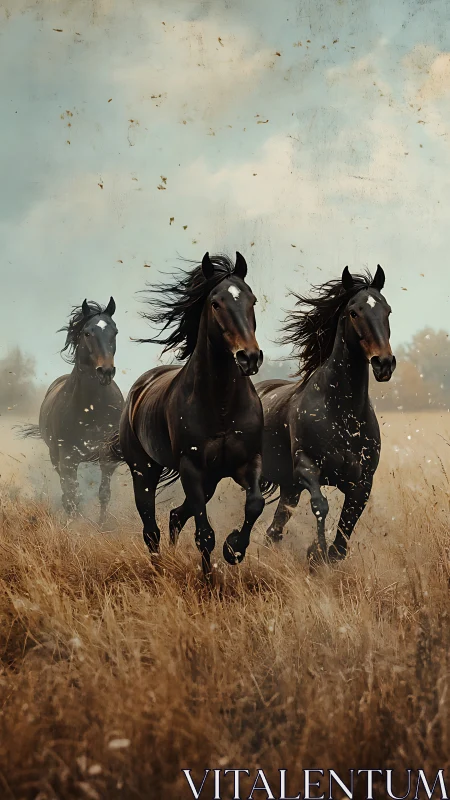 Three dark horses running through tall dry grass field.