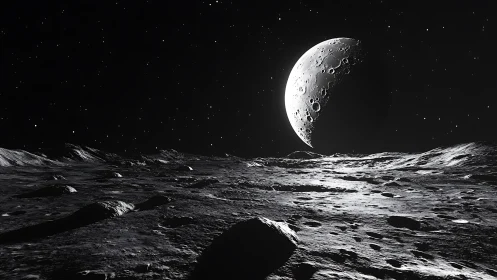 Lunar surface landscape under crescent moonlight view.