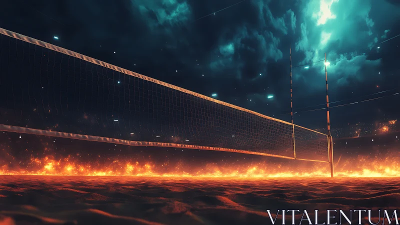 Volleyball court net over fiery glowing sand at night.