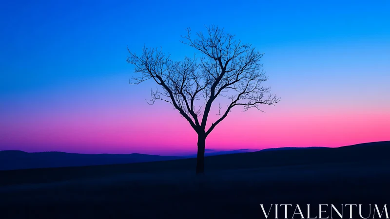 Lone tree silhouette against vibrant blue and pink sunset sky.
