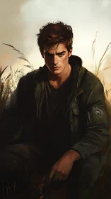 Brooding young man sits in tall grass under muted sky