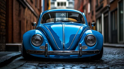 Classic blue vintage Beetle gleams in narrow city alley.