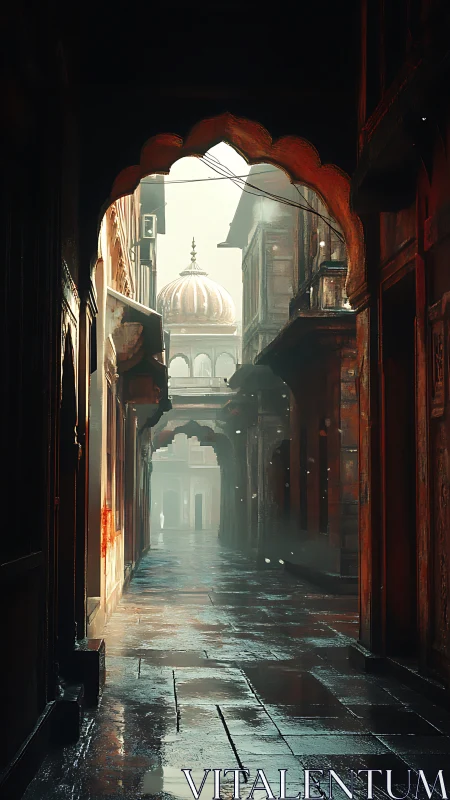 Rain-slicked Indo-Islamic alley with receding arches and dome.
