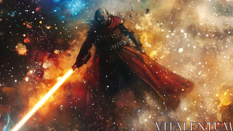 Lone armored warrior ignites glowing blade in fiery nebula