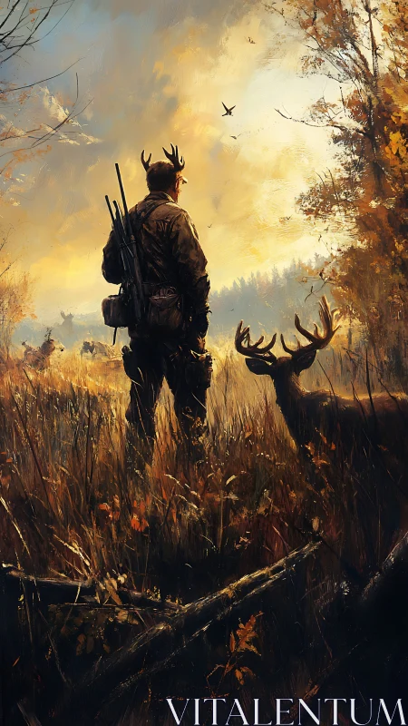 Hunter and stag share a golden forest sunrise moment.