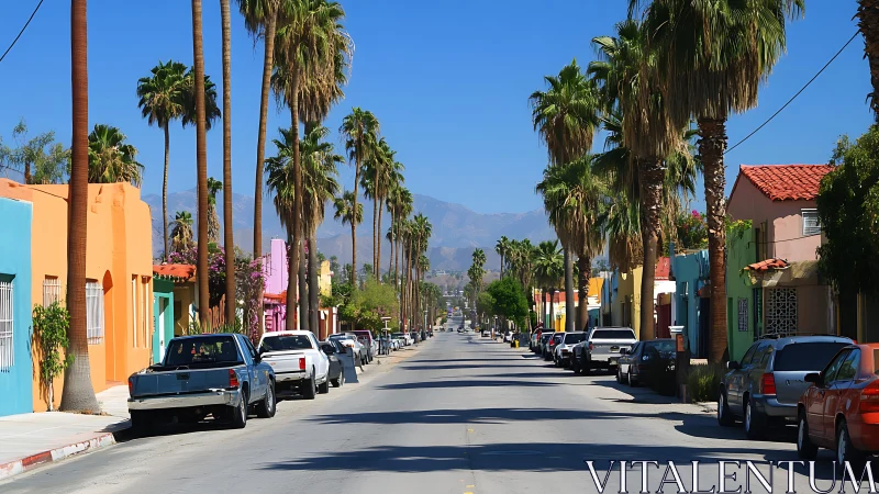 Colorful palm-lined street stretches toward distant mountains
