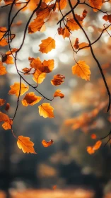 Backlit autumn leaves in shallow depth of field forest study