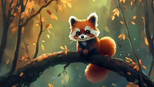 Digital red panda on mossy branch in soft autumn forest light