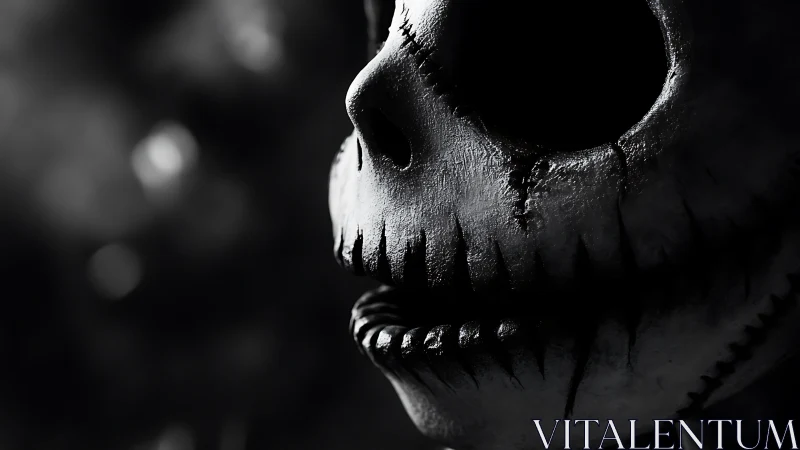 High-contrast macabre skull portrait in chiaroscuro close-up.