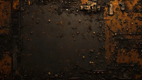 Rust-corroded circuit plane suggests decaying cyber surface.